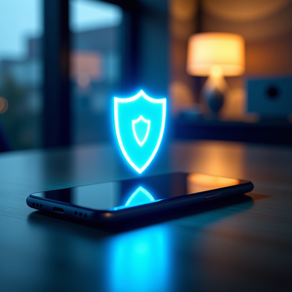 A sleek smartphone displaying a glowing blue holographic shield icon on its screen, symbolizing digital privacy and data protection, soft bokeh background of a modern office, cinematic lighting, high quality, 4:3