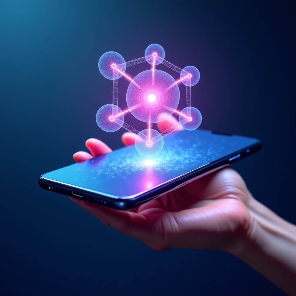 A sleek modern smartphone held in a hand, showing a glowing 3D neural network floating above the screen, representing edge computing, high-tech atmosphere, blue and purple lighting, 4:3