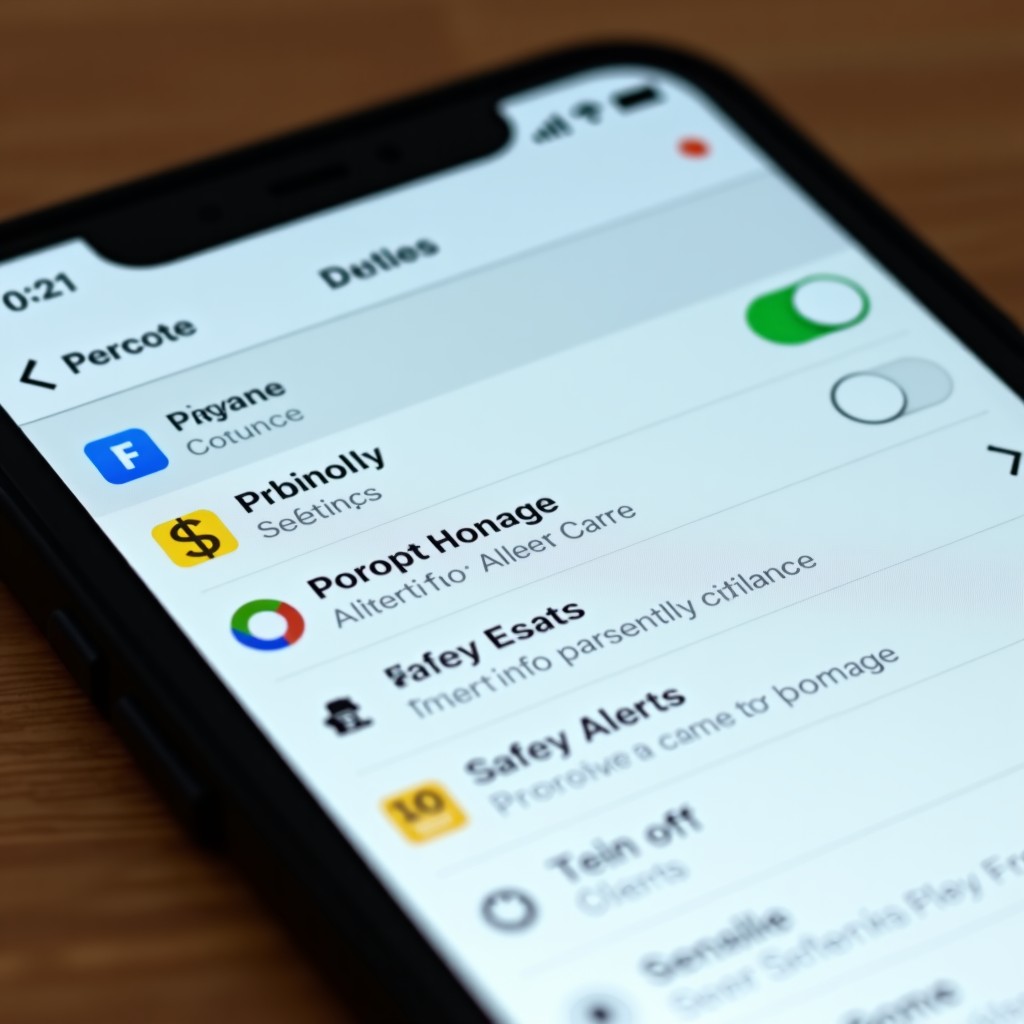 Close up of a smartphone screen showing parental control settings and safety alerts, soft focused background, clean and modern interface, 4:3