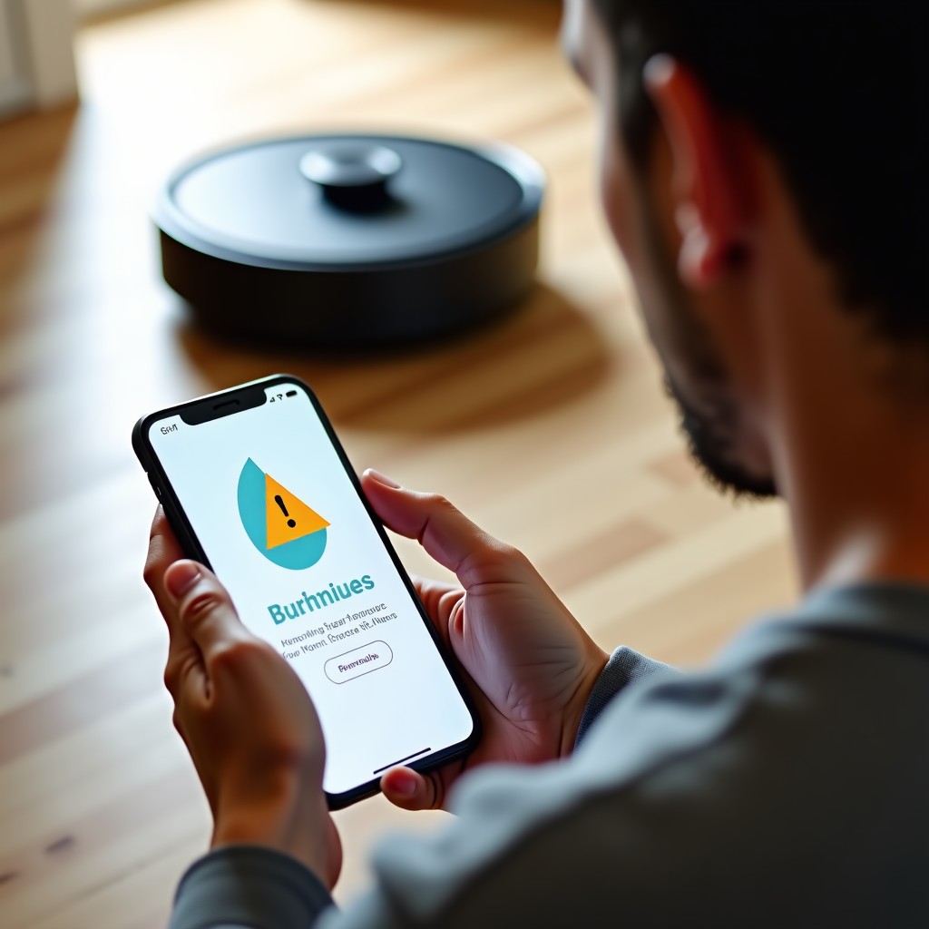 A person holding a smartphone showing a smart home app with a warning icon, looking worried while a robot vacuum sits nearby, natural home lighting, high quality photography, 4:3