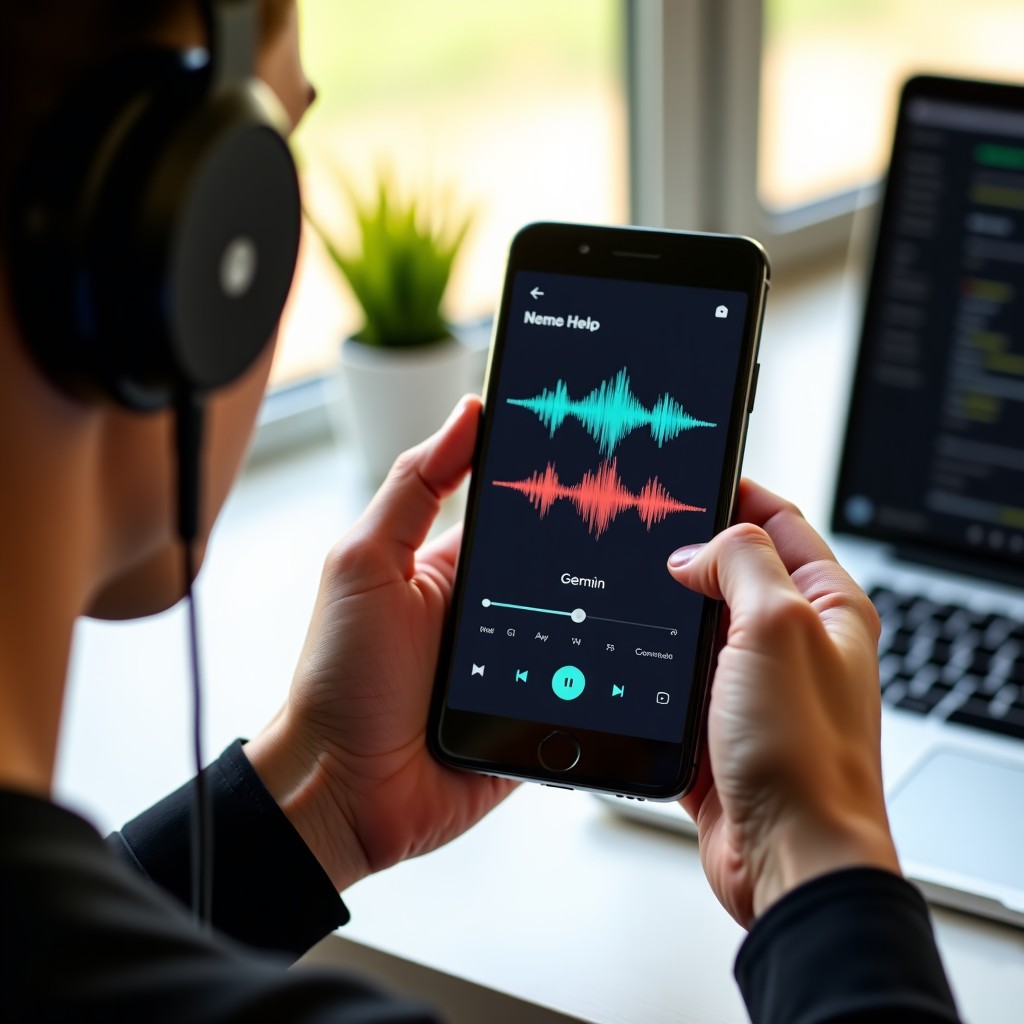 A person using the Google Gemini app on a sleek smartphone to generate music. On the screen, colorful sound waves and musical notes are visible. The setting is a modern, sunlit creative studio with headphones and a laptop in the background. High-quality lifestyle photography, warm lighting, natural setting. 4:3