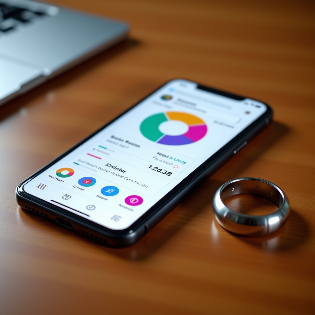 A smartphone screen displaying a fitness AI chatbot interface with colorful health charts. Next to the phone lies a metallic smart ring on a wooden table. High quality lifestyle photography. No text. 1:1