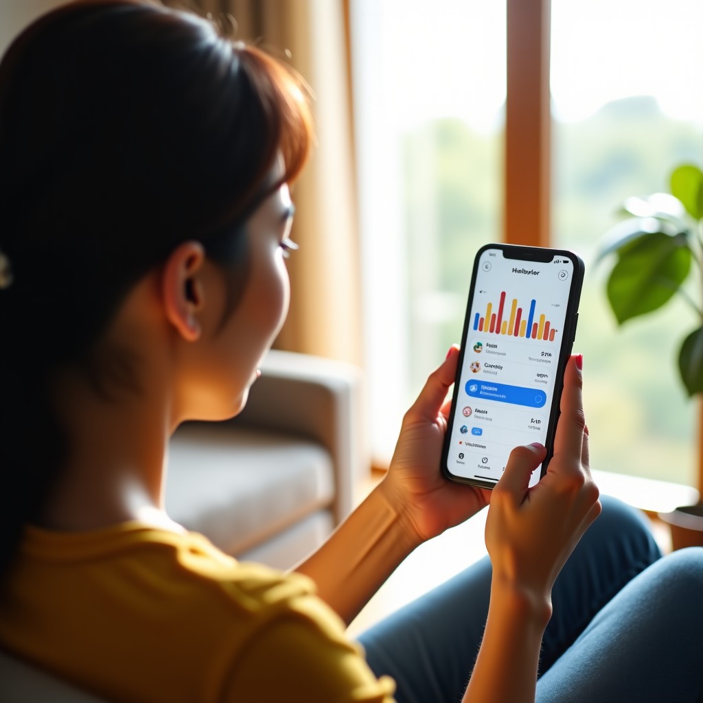 A Korean woman in her 20s sitting in a sunlit modern living room looking at her smartphone screen showing a clean health dashboard with colorful charts. High quality lifestyle photography. 4:3