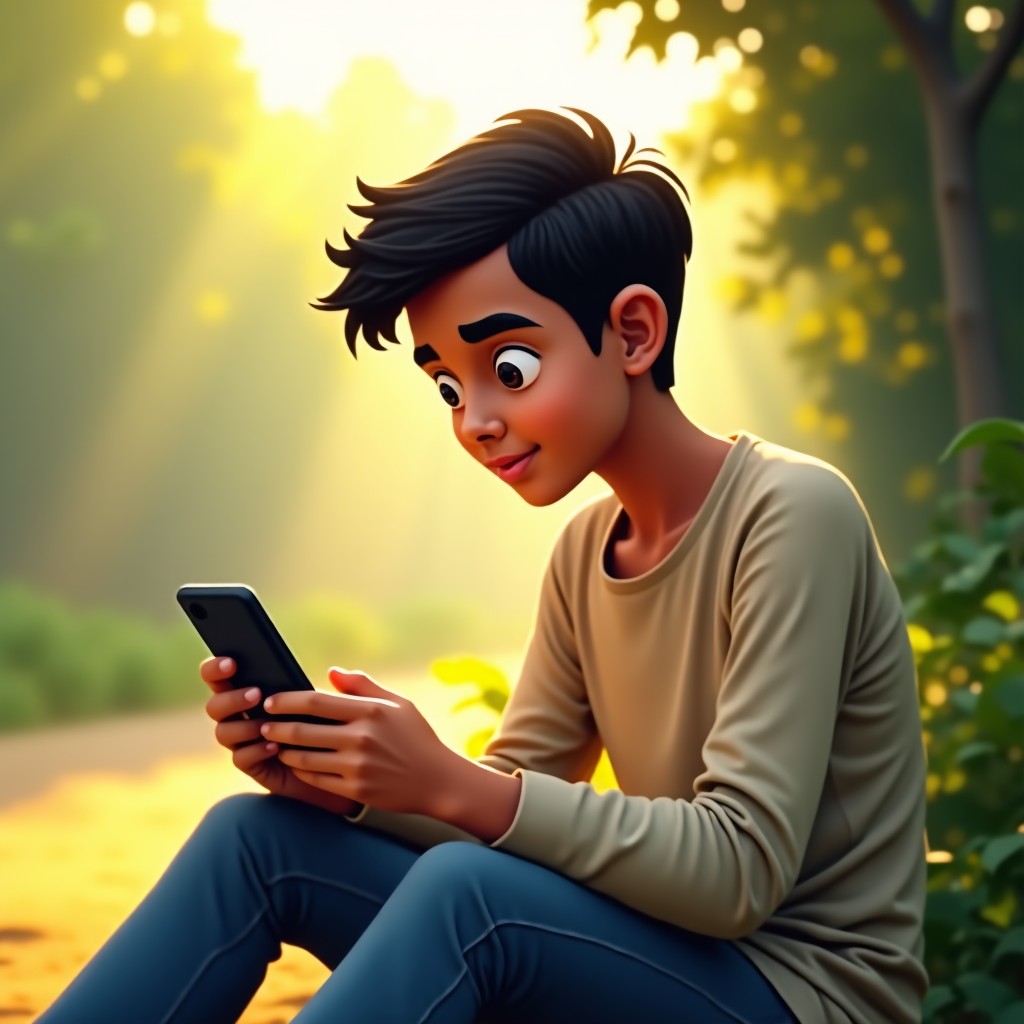 A young Indian person sitting in a natural outdoor setting using a smartphone, looking at the screen with interest while listening to audio from the device, soft sunlight, realistic and warm atmosphere, 4:3
