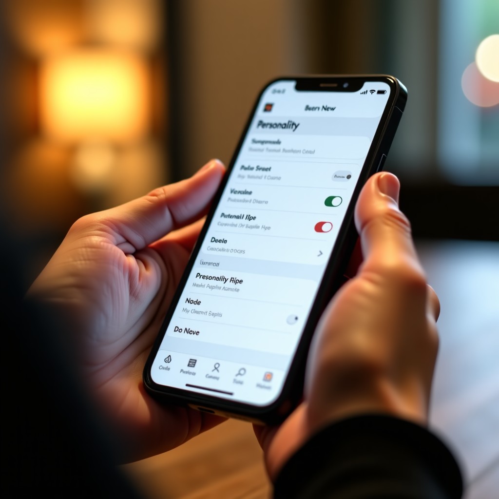 A close-up of a person hands holding a sleek smartphone showing a modern app interface with personality setting toggles. Warm indoor lighting, focus on the screen, 4:3