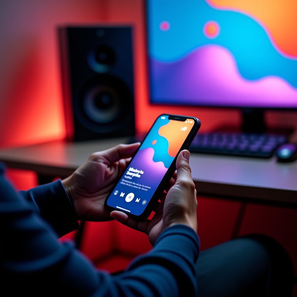 Close-up of a person's hands holding a modern smartphone. On the screen, a music streaming interface is visible with abstract colorful shapes. In the blurred background, the urn speaker is partially visible. High-tech and moody lighting. 4:3