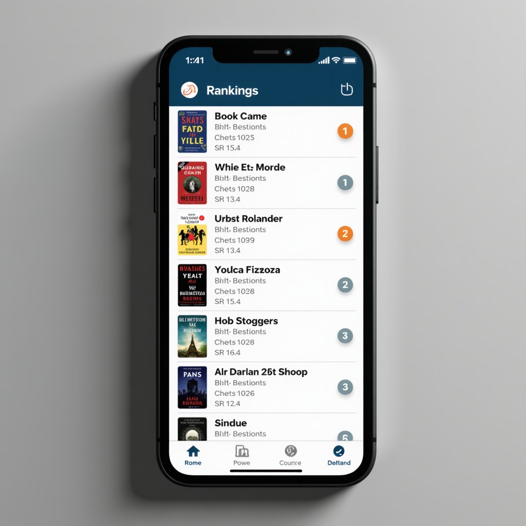 A close-up shot of a smartphone screen displaying a clean and organized list of book rankings with cover art and numbers. Modern UI design with high contrast and readable text. 1:1