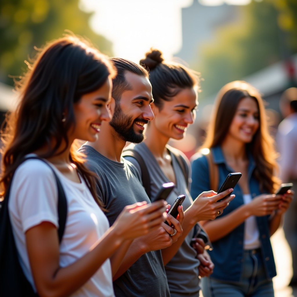 Lifestyle photography of diverse people in a bustling outdoor environment using their smartphones for voice interaction. Warm natural lighting, focus on expressions of ease and connection, vibrant colors. 4:3
