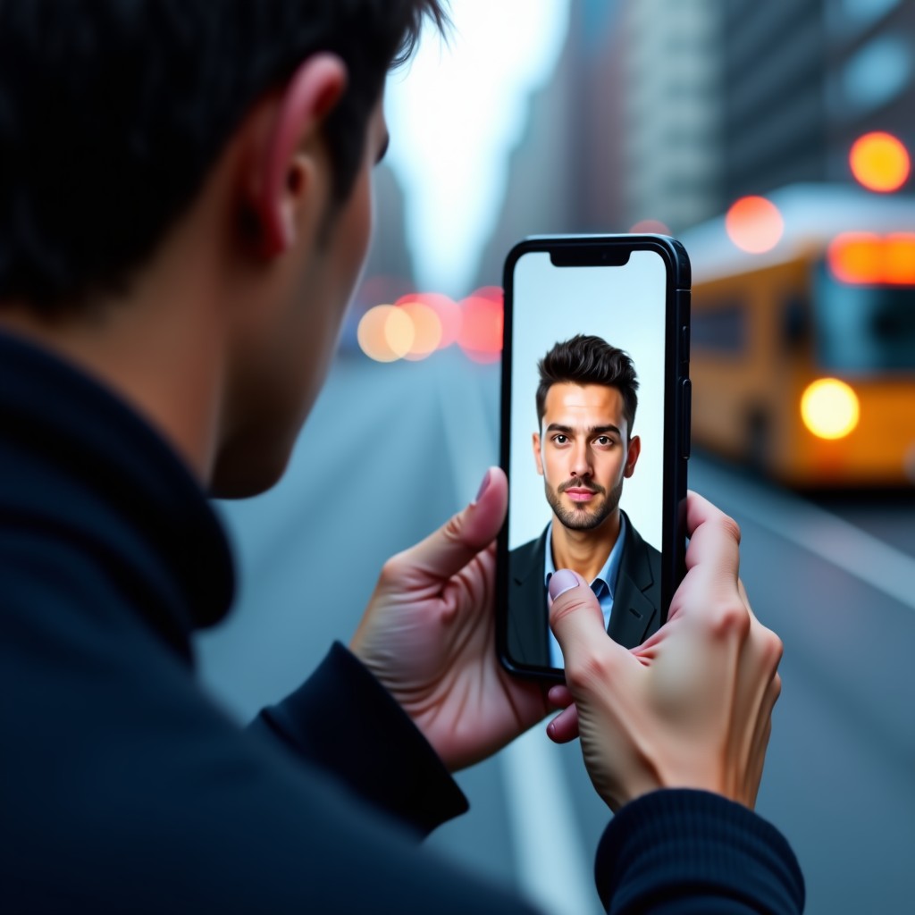 A close-up of a person holding a smartphone, the screen displays a distorted AI-generated human face, the person looks concerned, urban background with soft bokeh, realistic photography style, 4:3
