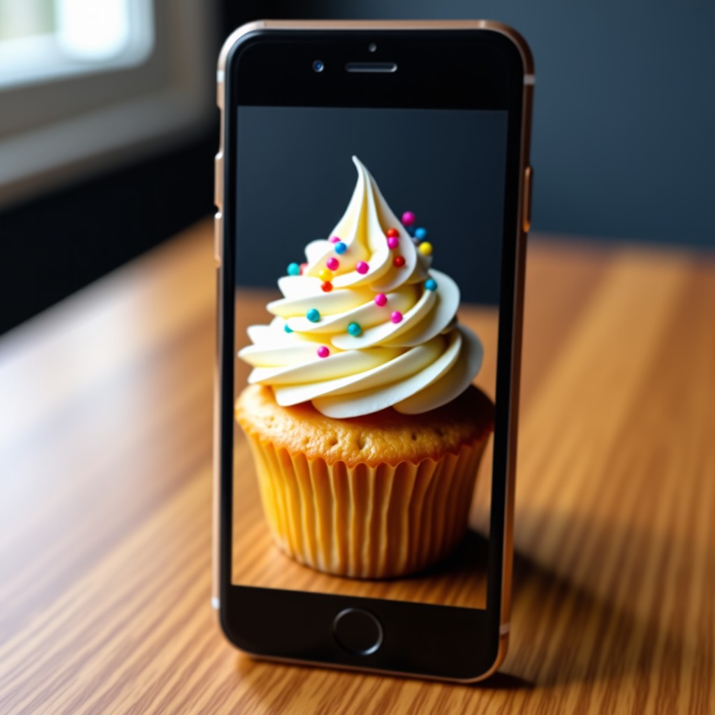 A realistic close up of a cupcake on a wooden table being edited on a smartphone screen where the AI is adding extra frosting and colorful toppings that were not originally there. 1:1