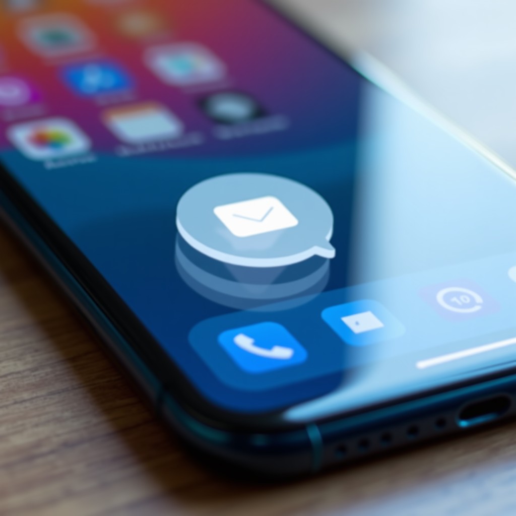 A close up of a high end Android smartphone screen featuring a translucent floating circular bubble icon over a messaging app interface, soft focus background, realistic lighting, 4:3