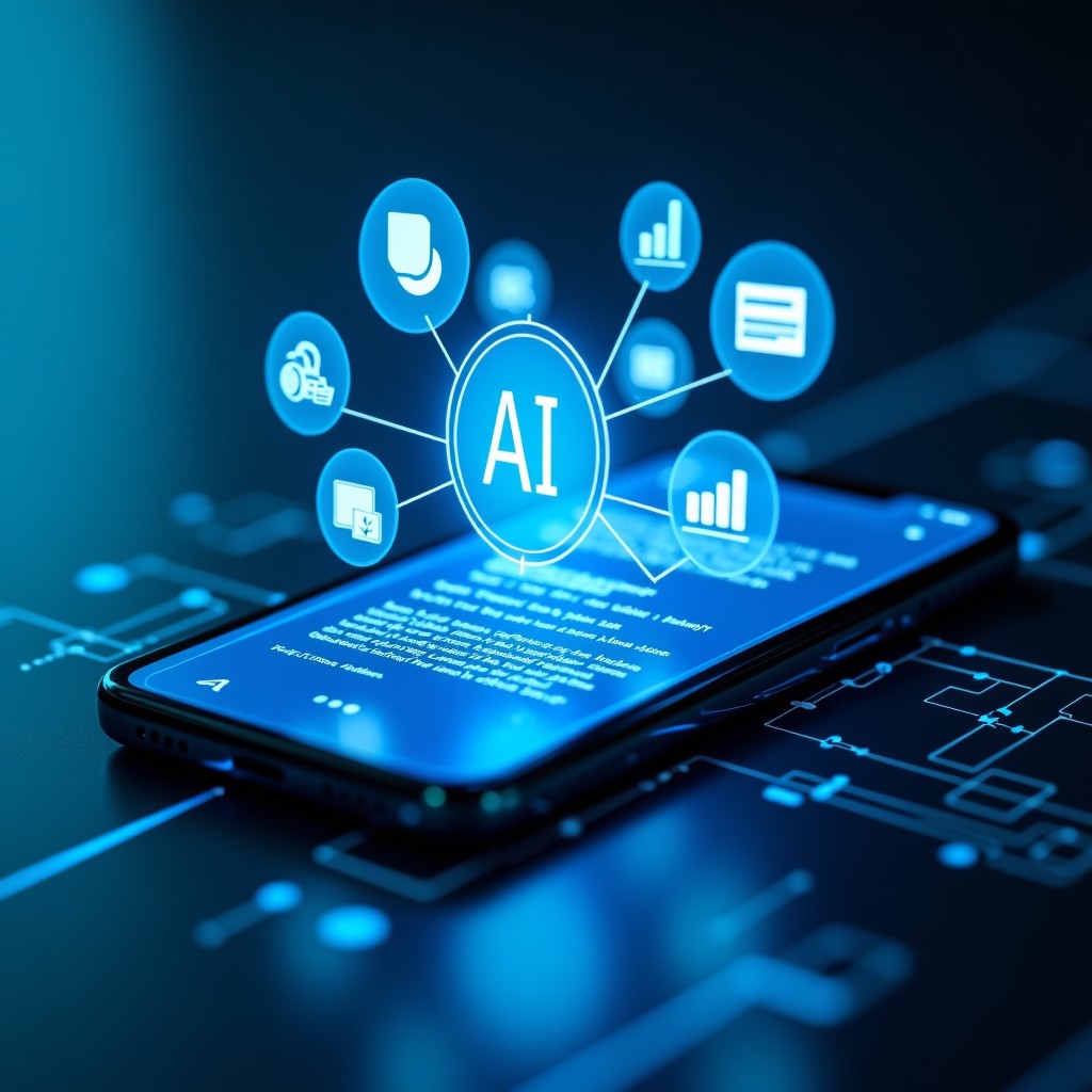 Close up of a modern smartphone screen displaying an AI generated answer, news icons and headlines floating around the device, high tech digital background with glowing lines, blue and white color palette, 4:3