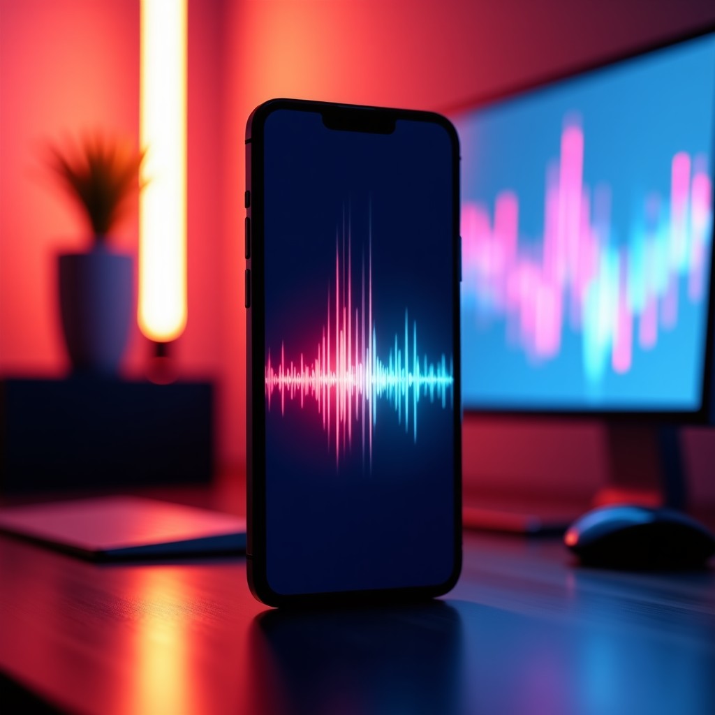 A modern smartphone screen displaying colorful digital music waveforms and a subtle AI interface glow. The background is a creative workspace with soft neon lighting. High quality photography style. No text. 4:3