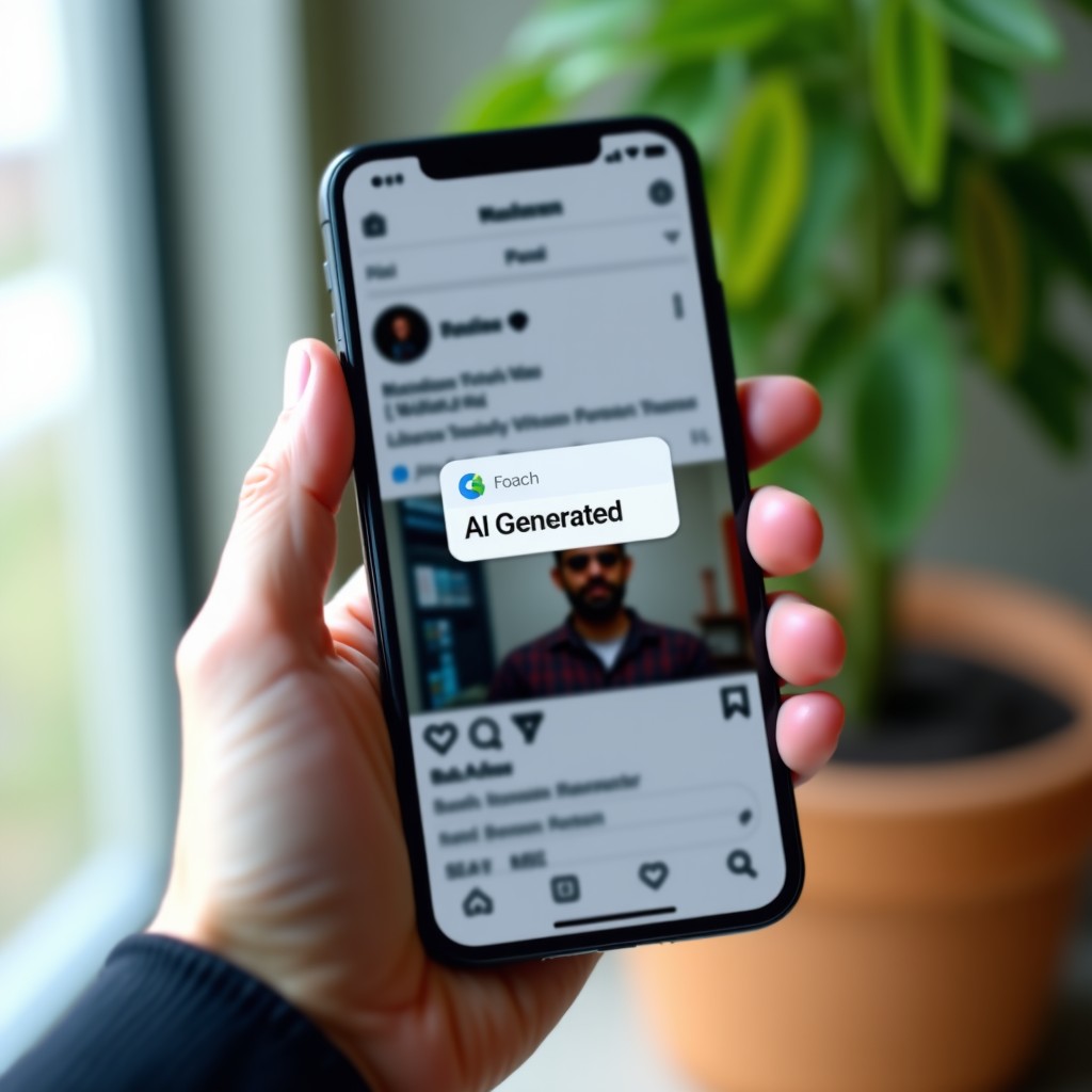 A close up shot of a hand holding a modern smartphone. The screen displays a social media feed with a clear label saying AI Generated over a video post. Natural daylight setting. High quality photography. 1:1