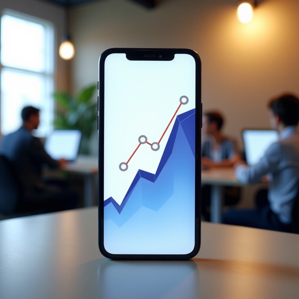 A sleek smartphone displaying a mobile app with a rapidly rising user growth chart on the screen. The background is a blurred modern office setting with soft natural lighting. 1:1