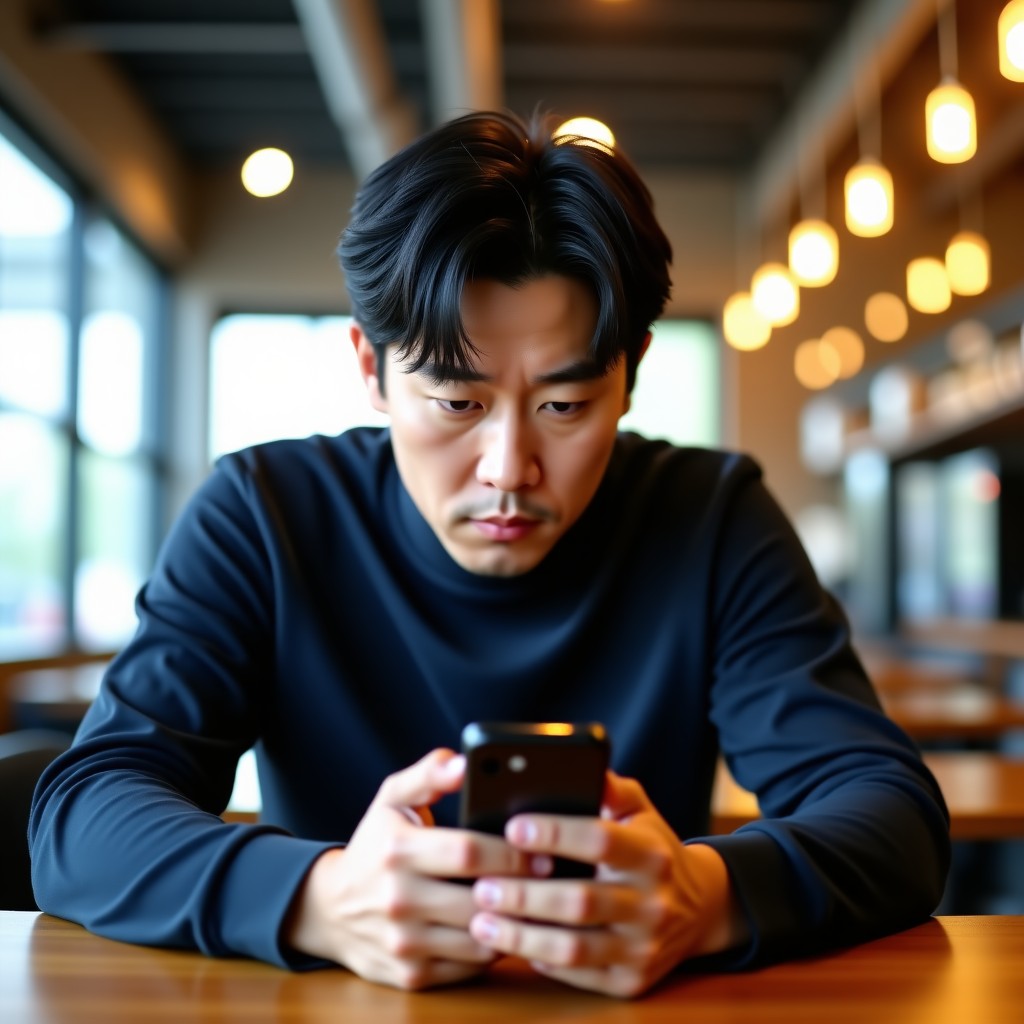 A Korean man sitting in a modern cafe looking intensely at his smartphone screen with a concerned and thoughtful expression comparing two different digital images. 4:3