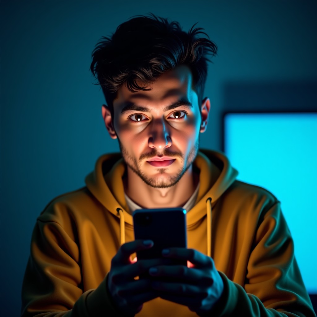 A person looking at a smartphone with a confused and skeptical expression, glitchy digital particles floating around, cinematic lighting, realistic photography. 4:3