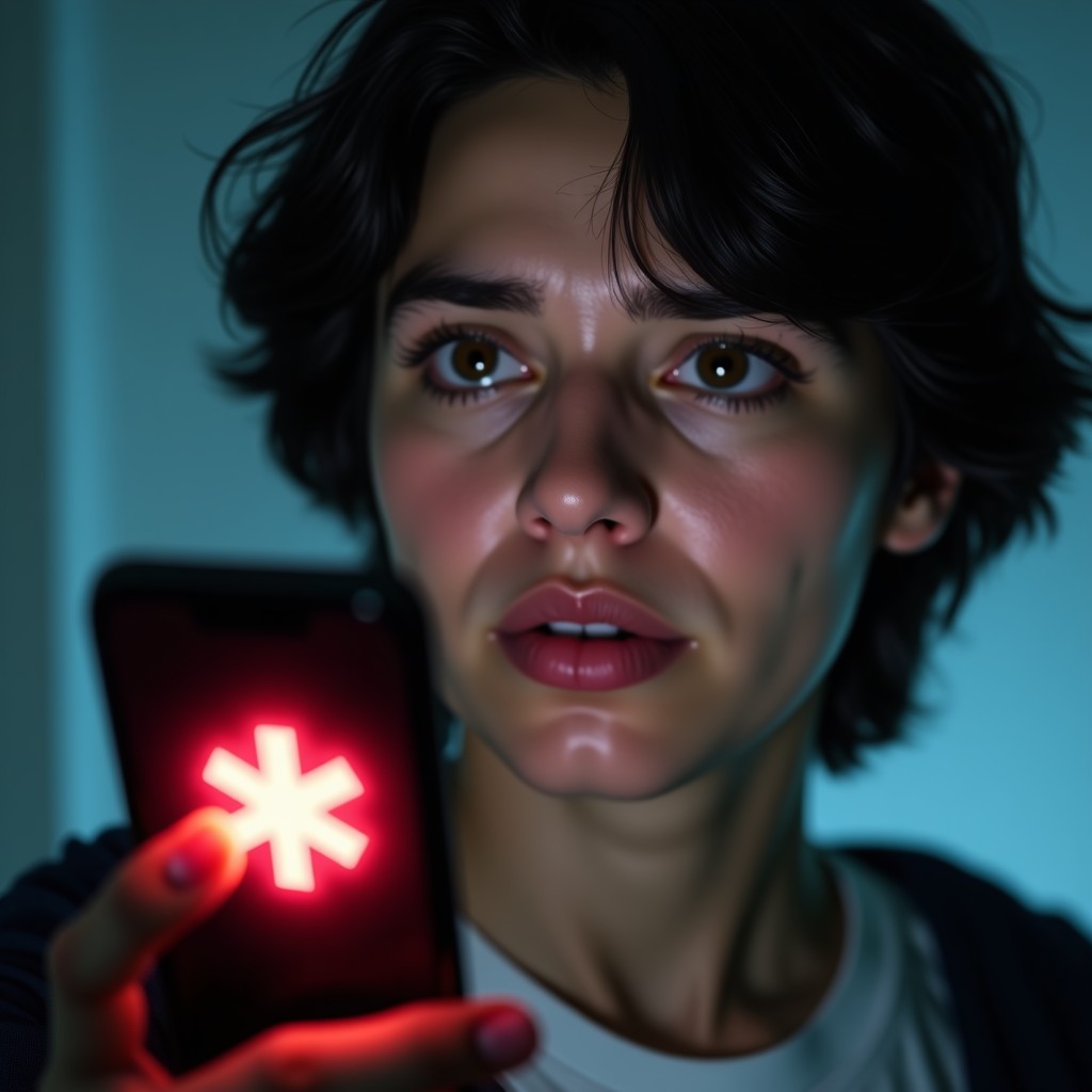 A close-up of a person looking concerned while holding a smartphone that shows a digital medical warning symbol, cinematic lighting, realistic style, 4:3