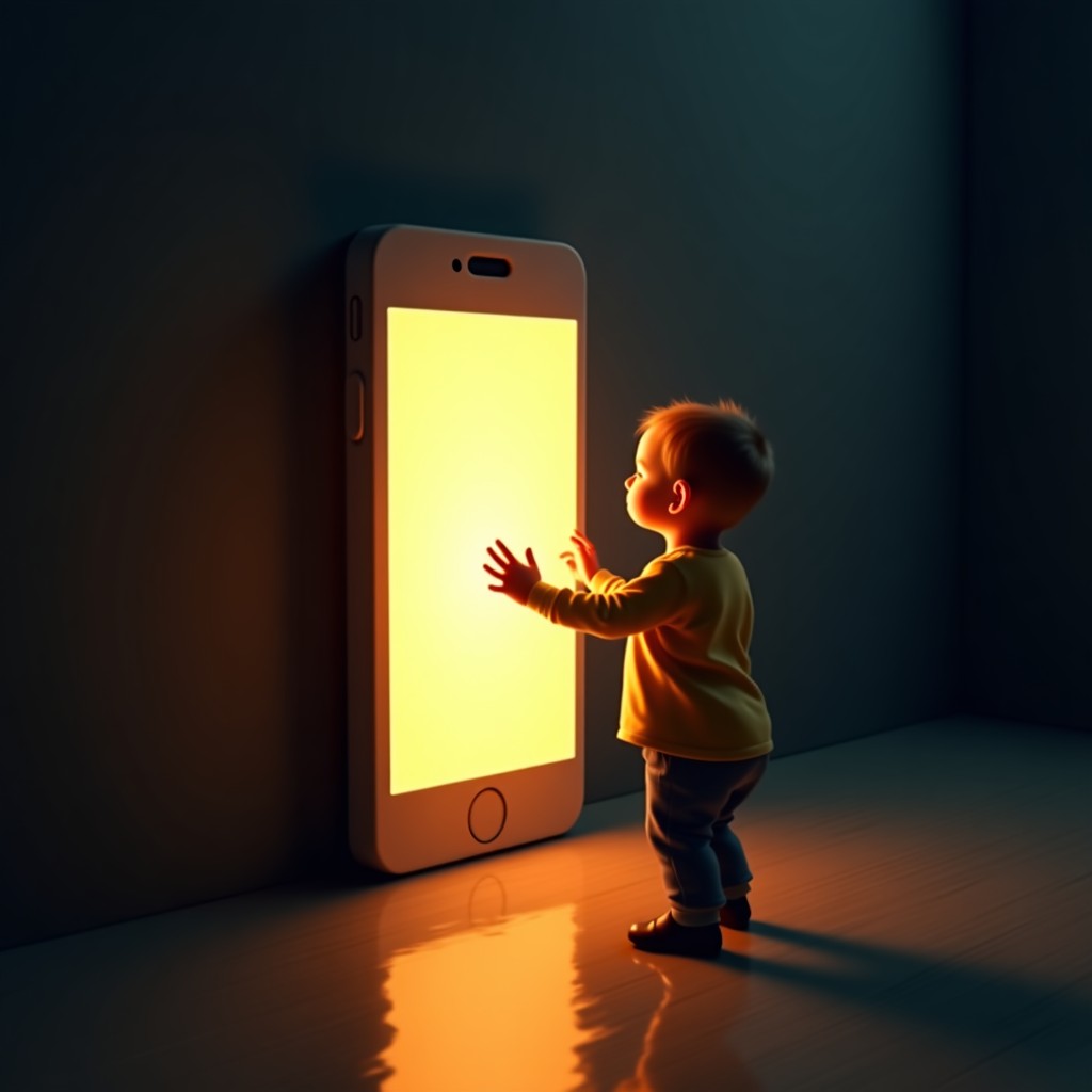 A glowing smartphone screen in a dark room, a young child's hand reaching for it, a subtle shadow of a regulatory gate or barrier in the background, conceptual art, 4:3