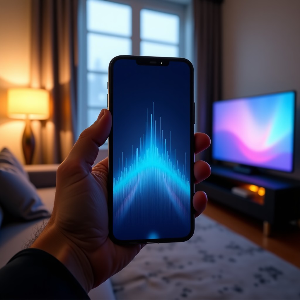 A high-tech smartphone displaying a glowing Gemini AI interface held by a person. The background is a modern living room with soft ambient lighting. The phone screen shows subtle colorful wave patterns indicating AI activity. No text on screen. Cinematic lighting, photorealistic. 4:3