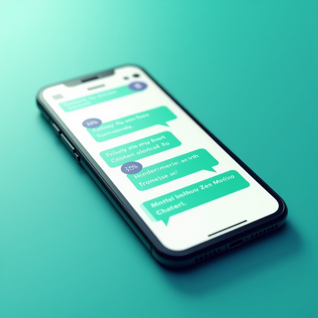 A close up of a modern smartphone screen displaying a mental health chatbot interface with friendly message bubbles, clean infographic style, soft blue and green color palette, 4:3