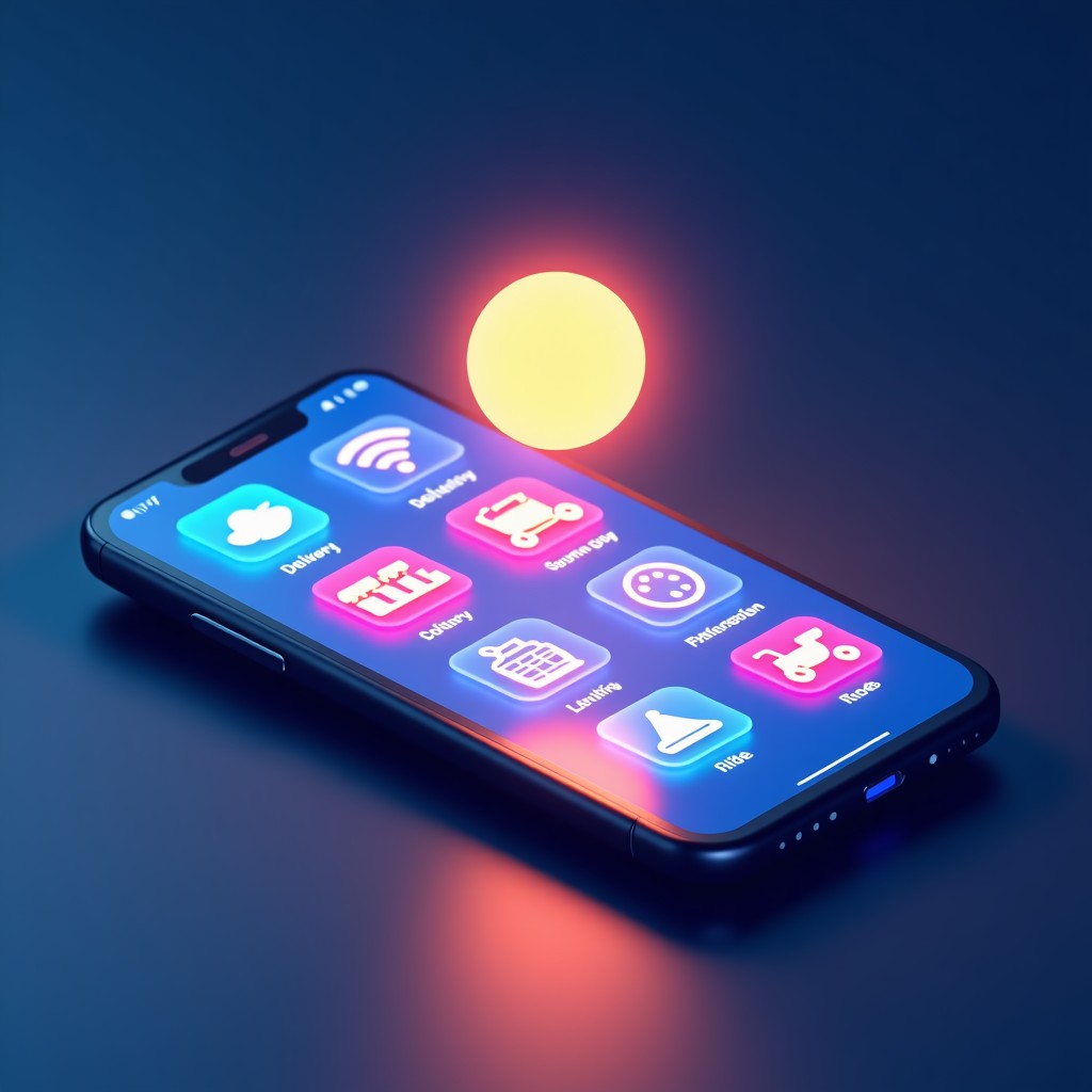 A conceptual illustration of a smartphone screen showing multiple app icons like food delivery and ride-sharing being connected by glowing digital lines. A friendly AI glowing orb is hovering over the screen. Futuristic and clean tech interface design. 4:3