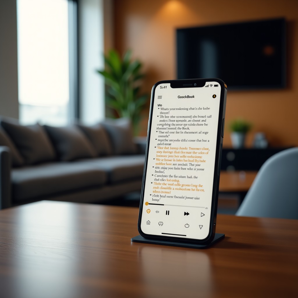 A high-end smartphone displaying a book reading app where sentences are being highlighted in gold as an audiobook plays. The background is a blurred modern living room with soft lighting. Professional and clean aesthetic. 4:3
