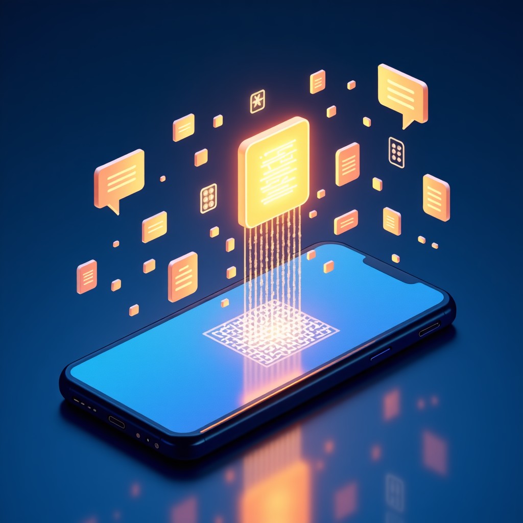 A conceptual illustration of a smartphone emitting a stream of digital binary codes, chat bubbles, and document icons. A glowing AI processor icon is sorting and organizing this data in mid-air. High-tech, futuristic style with blue and gold lighting. 4:3