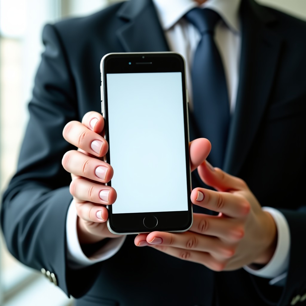 Close up of a hand holding a smartphone showing an email reply being automatically drafted by an AI, soft office lighting, high resolution, 4:3