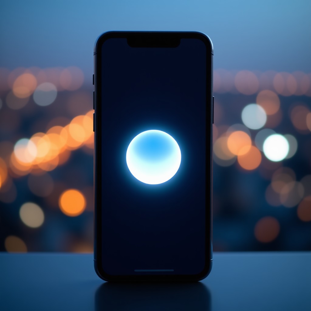 A sleek modern smartphone displaying a glowing orb of a sophisticated AI assistant like Google Gemini. The background shows a blurry cityscape at night with soft bokeh lights. The interface on the screen looks futuristic and clean with minimal icons. High-quality lifestyle photography style, natural lighting, 4:3.