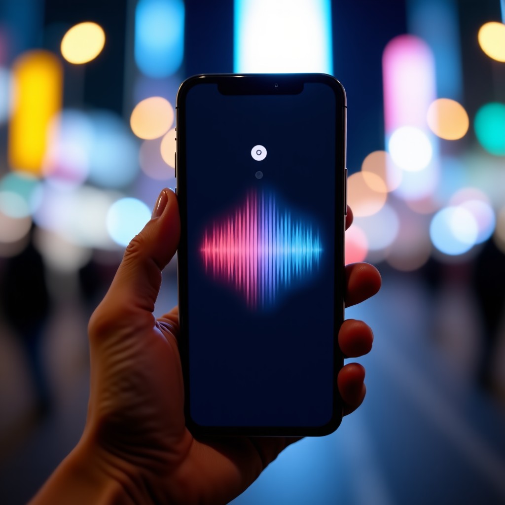 A modern smartphone screen showing an active voice assistant with colorful sound waves, held by a person in a blurred city background at night, cinematic lighting, sleek design. 1:1