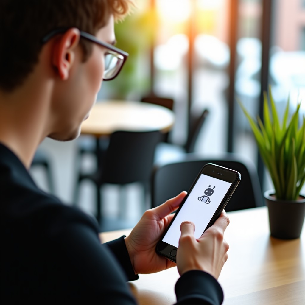 A young professional person using a smartphone in a bright modern cafe, the screen shows a clean AI chatbot interface, natural sunlight, lifestyle photography, high quality, 1:1
