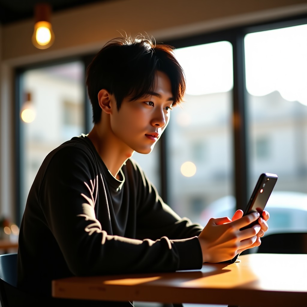 A high-quality lifestyle photograph of a Korean young adult sitting in a cozy modern cafe, holding a sleek smartphone with social media app interfaces visible on the screen. The lighting is warm and natural, coming from a large window. High contrast, shallow depth of field. 4:3