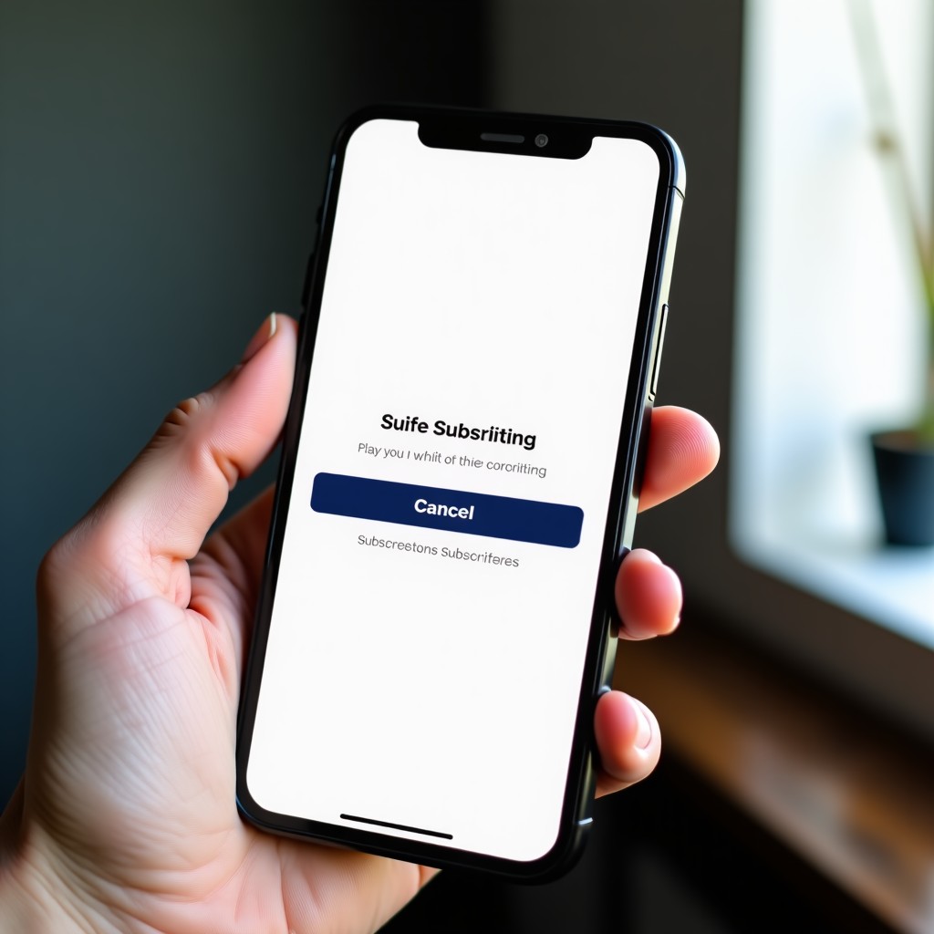 A close-up shot of a hand holding a modern smartphone. On the screen, there is a simple user interface with a clear 'Cancel' button and subscription details. The background is a slightly blurred modern interior. 4:3