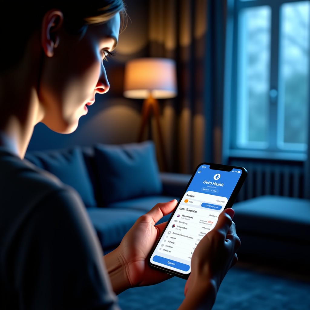 A person looking concerned while holding a smartphone with a health application interface displayed on the screen. The setting is a dimly lit living room at night. The person looks worried and hesitant. Cinematic lighting, high resolution, realistic style. 4:3