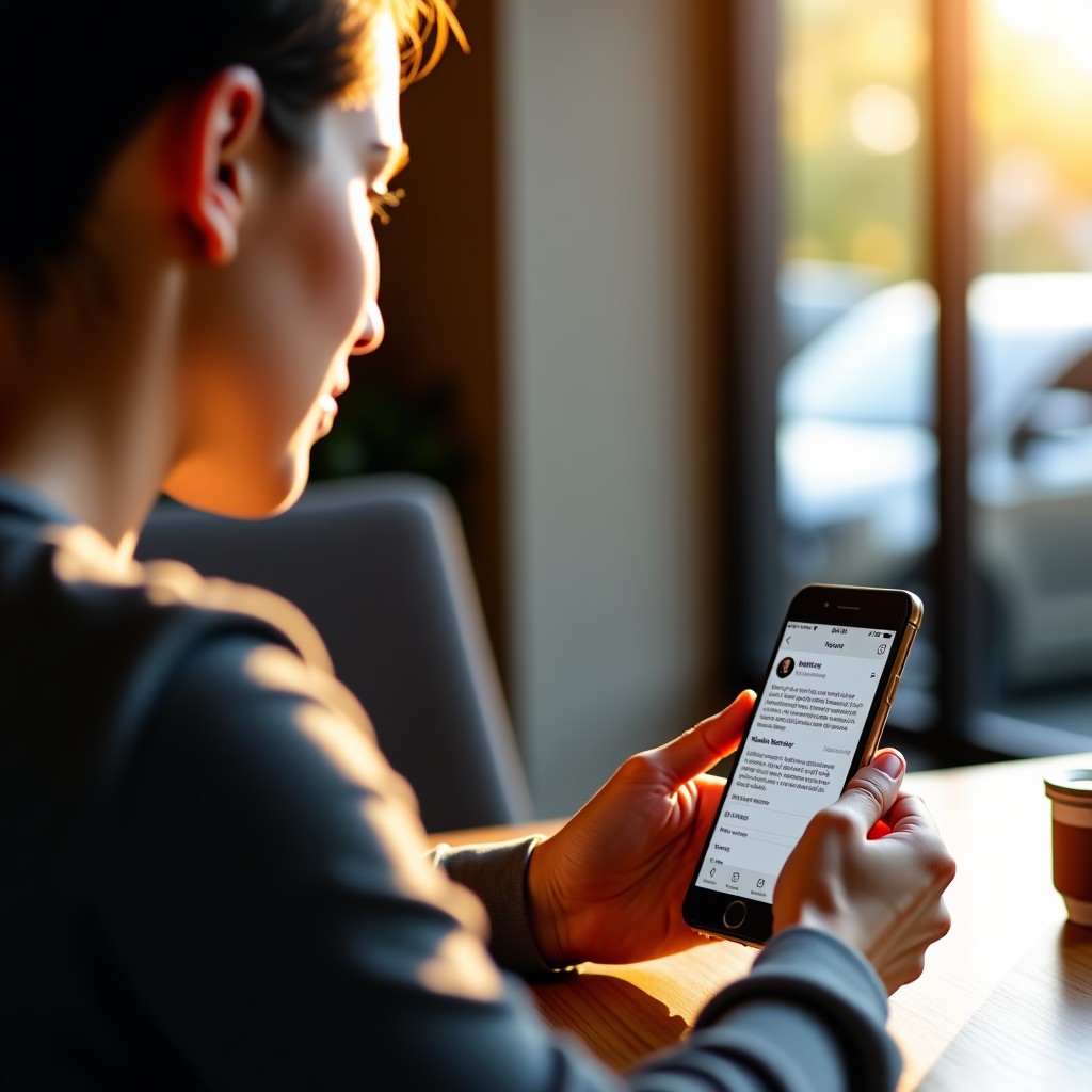 A modern lifestyle photo of a person using a high-end smartphone in a cozy cafe. The screen shows a news feed with audio wave icons. Natural morning sunlight, warm atmosphere, high resolution, 4:3.