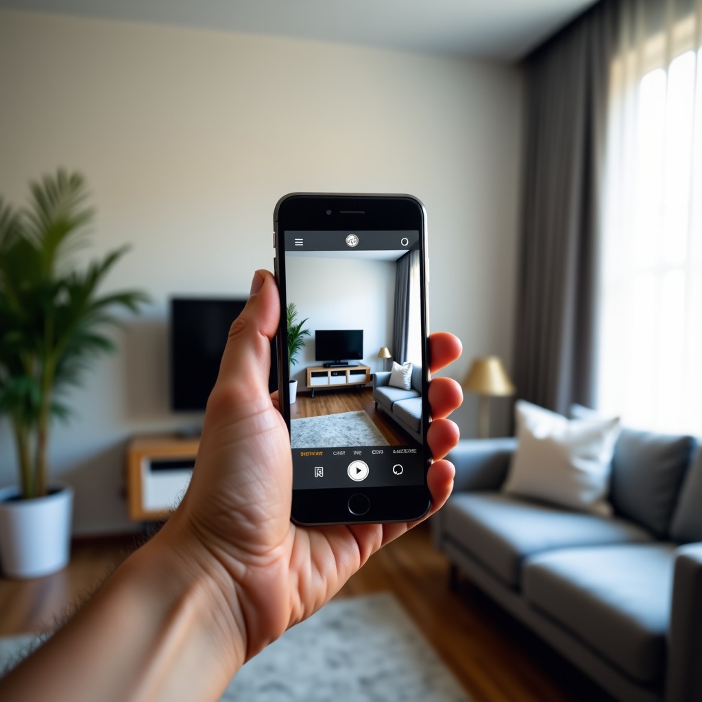 A person holding a smartphone showing a security camera feed interface, indoor living room background, soft lighting, natural hand position. 4:3