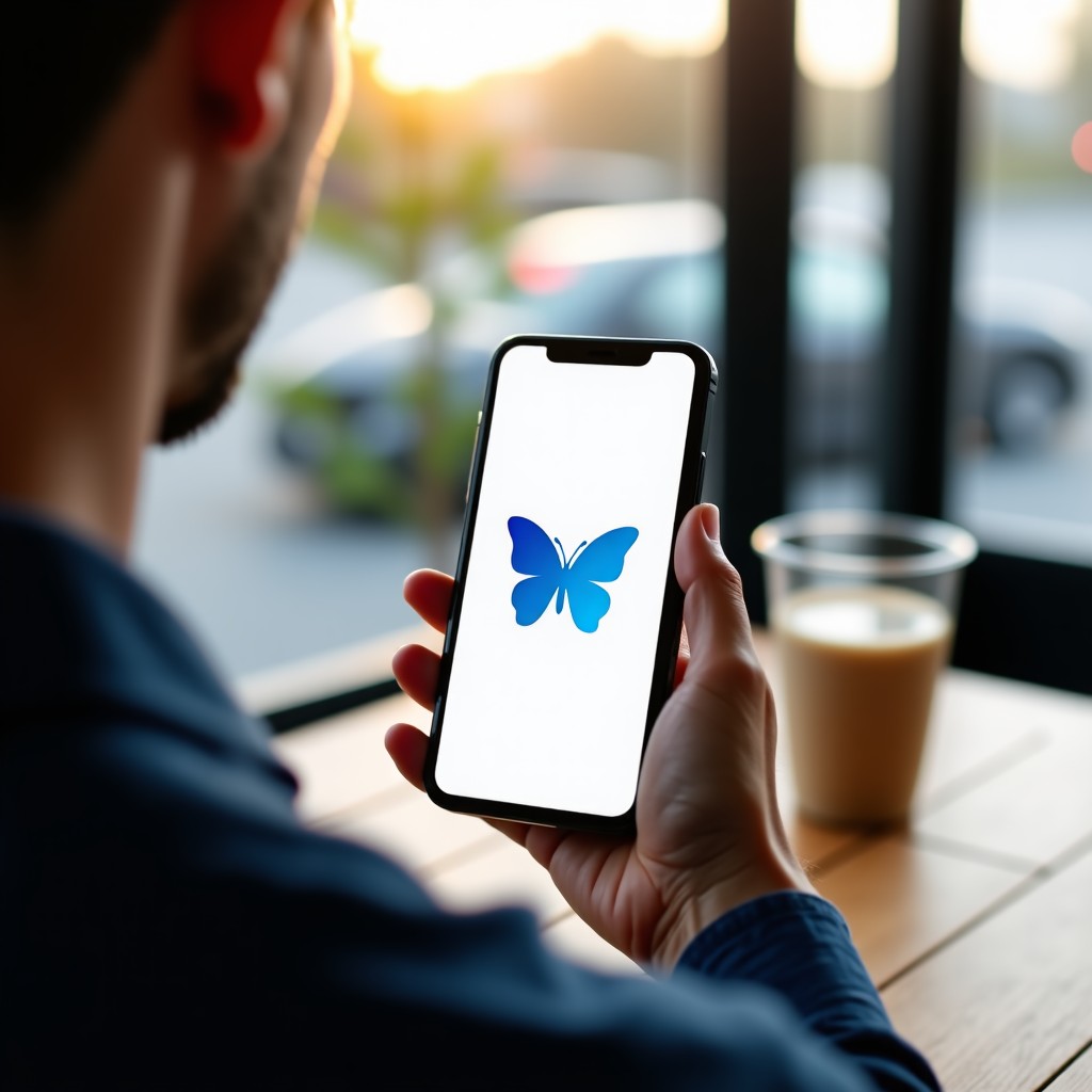 A clean and modern close-up shot of a person holding a smartphone. The screen displays a minimalist social media app interface with a blue butterfly logo. The background is a soft-focus urban cafe setting with natural morning light. 1:1