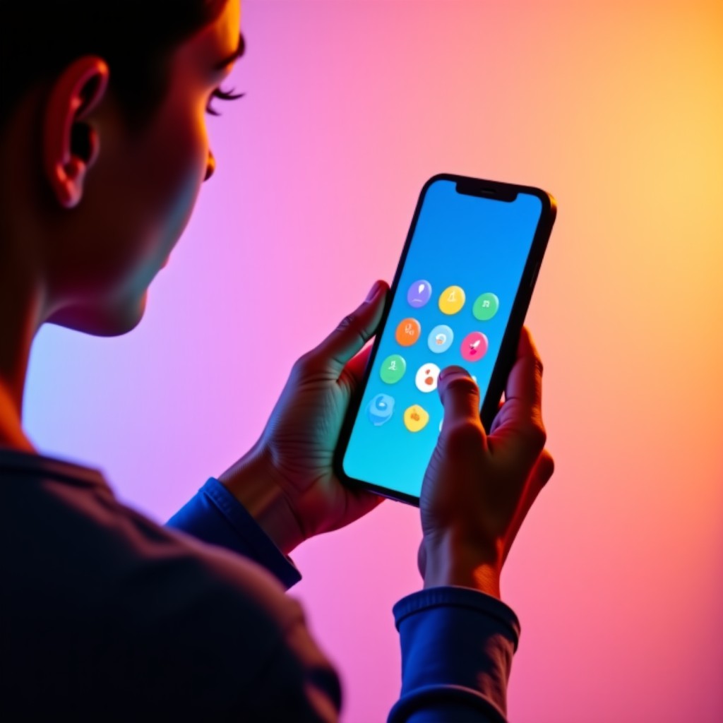A person interacting with a colorful and playful mini-app on a modern smartphone screen. The background is a vibrant studio setting with soft lighting. The screen shows interactive elements like buttons and shapes. No text on screen. 1:1