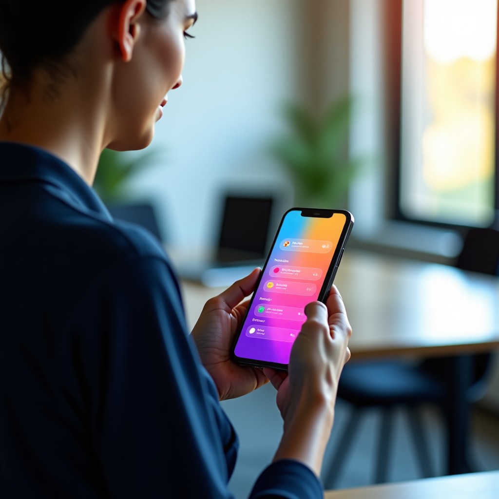 A person using a smartphone to create a custom mini-app with a vibrant user interface, modern office background, soft natural lighting, high quality photography, 4:3