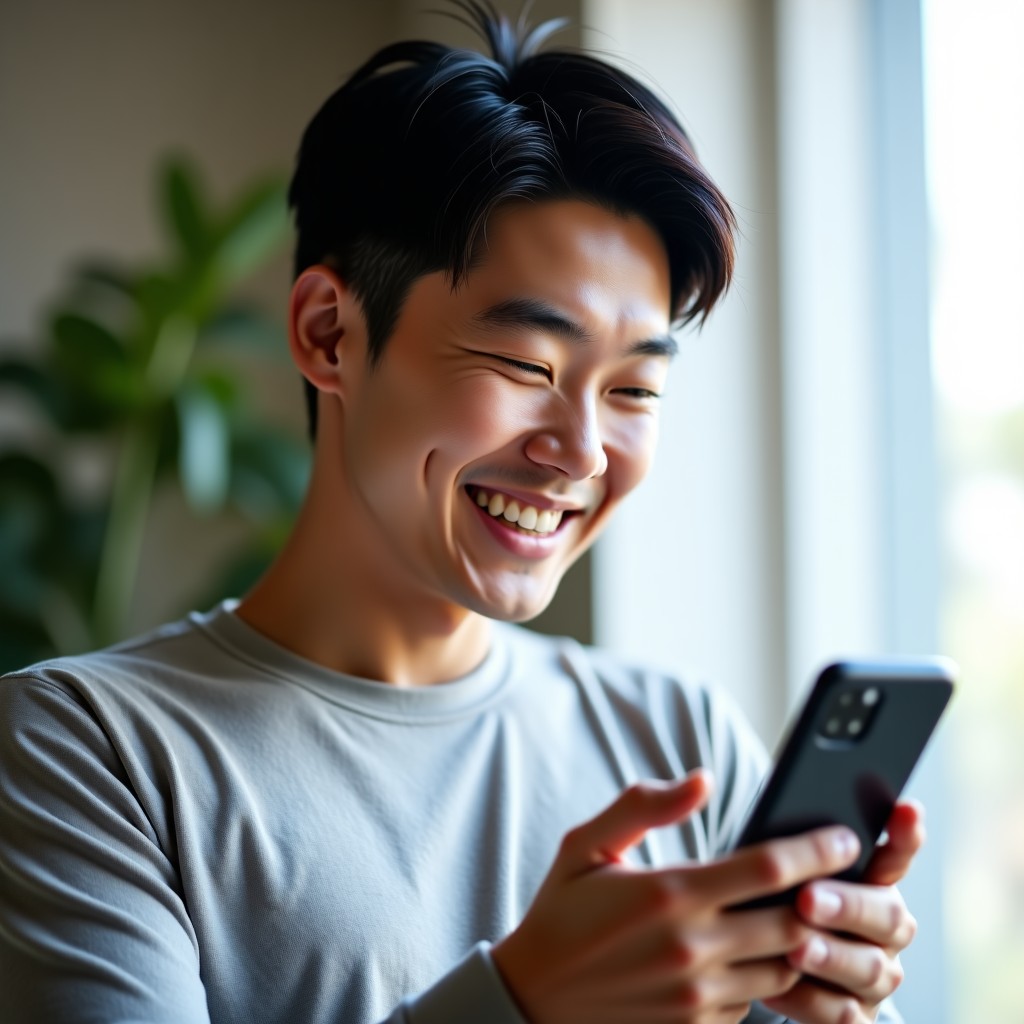 A happy young Korean man looking at his smartphone screen and smiling, natural indoor lighting, lifestyle photography, high quality, 1:1