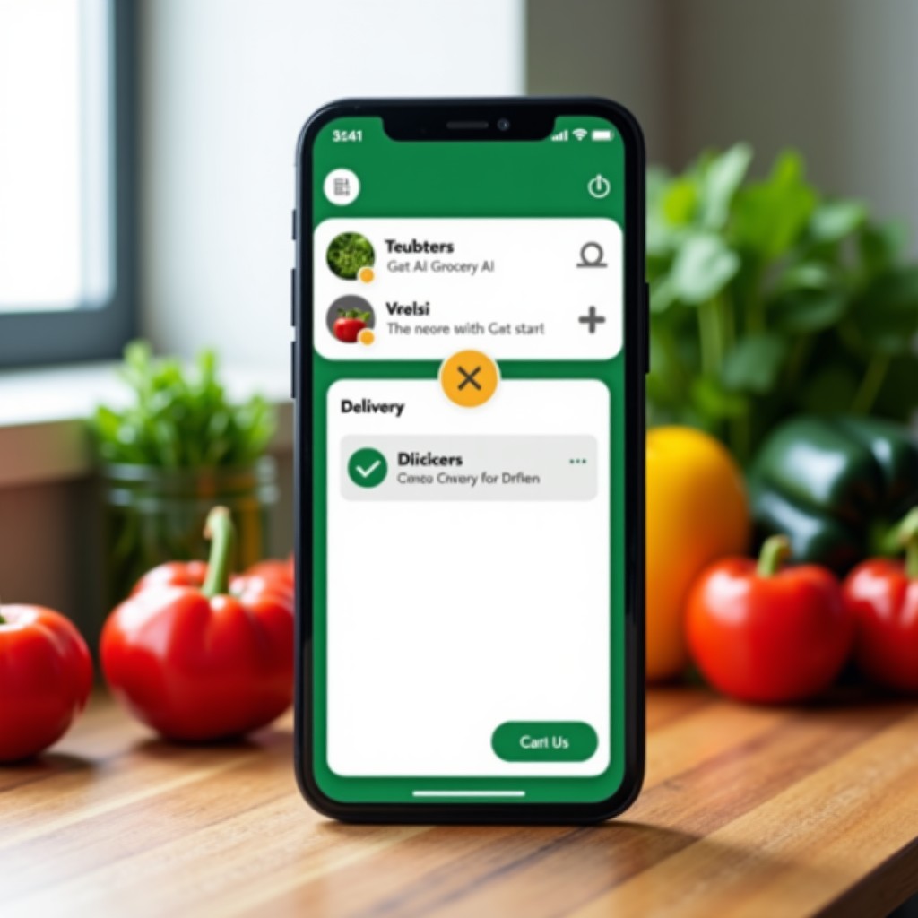 A modern smartphone screen displaying a grocery delivery app interface with an AI chatbot window open. The background is a clean kitchen counter with some fresh vegetables. High quality lifestyle photography, bright lighting. 1:1
