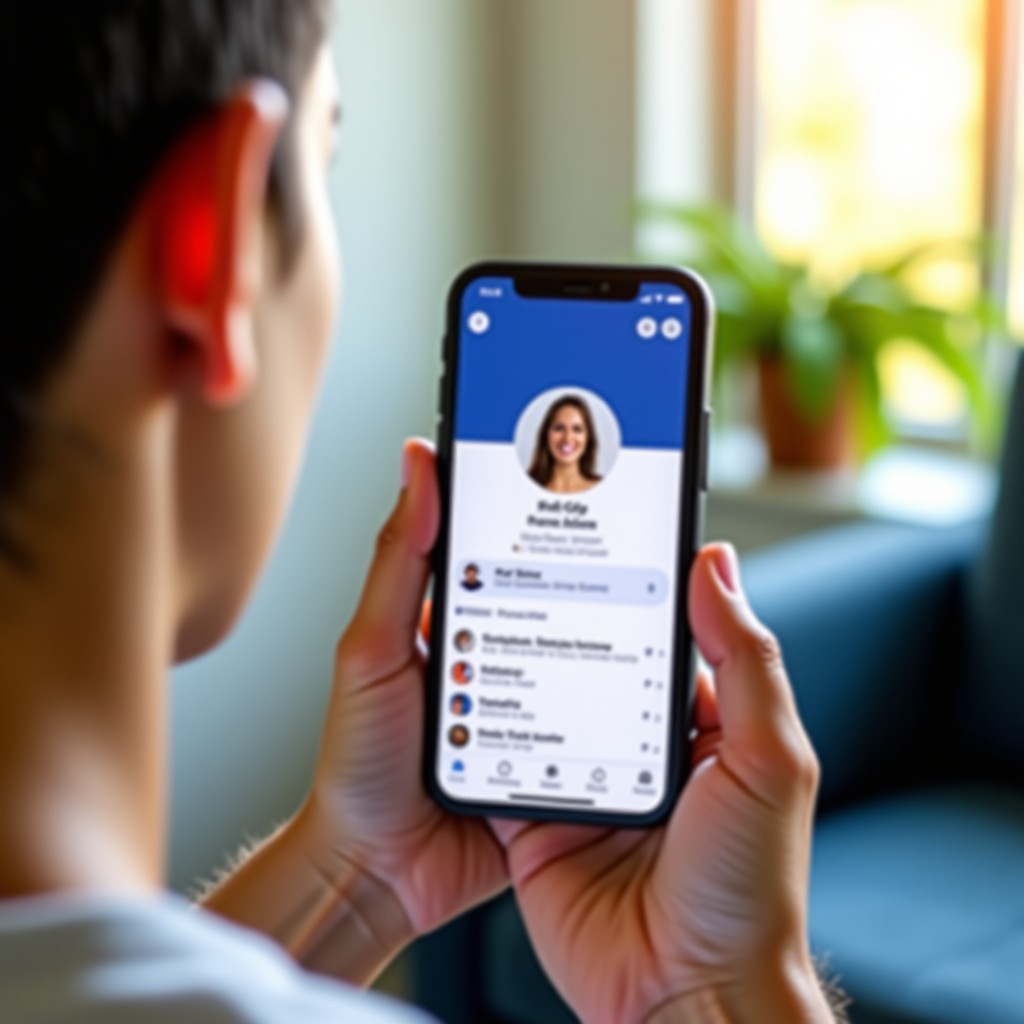 A high-quality lifestyle photo of a person holding a smartphone. The screen displays a Facebook profile page where the profile picture is subtly moving with a waving hand animation. Modern app interface, bright natural lighting, 4:3