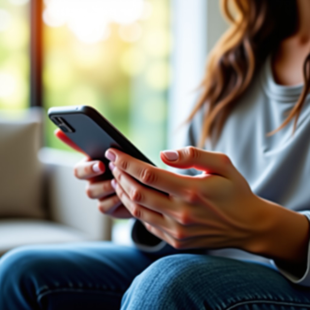 A close up of hands holding a smartphone in a bright living room, a sense of relief and connection, detailed texture of the skin and device, warm natural light, 1:1
