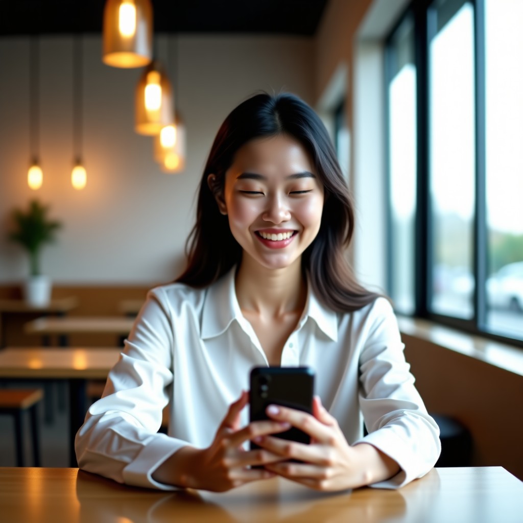 A young professional person of Korean appearance using a smartphone in a modern cafe, soft natural lighting, high quality lifestyle photography, 4:3