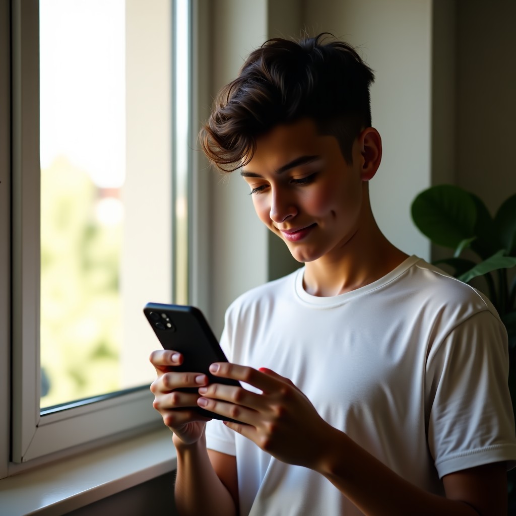 A young adult looking at a smartphone with a neutral expression, natural morning sunlight through a window, modern indoor setting, clean photography, 4:3