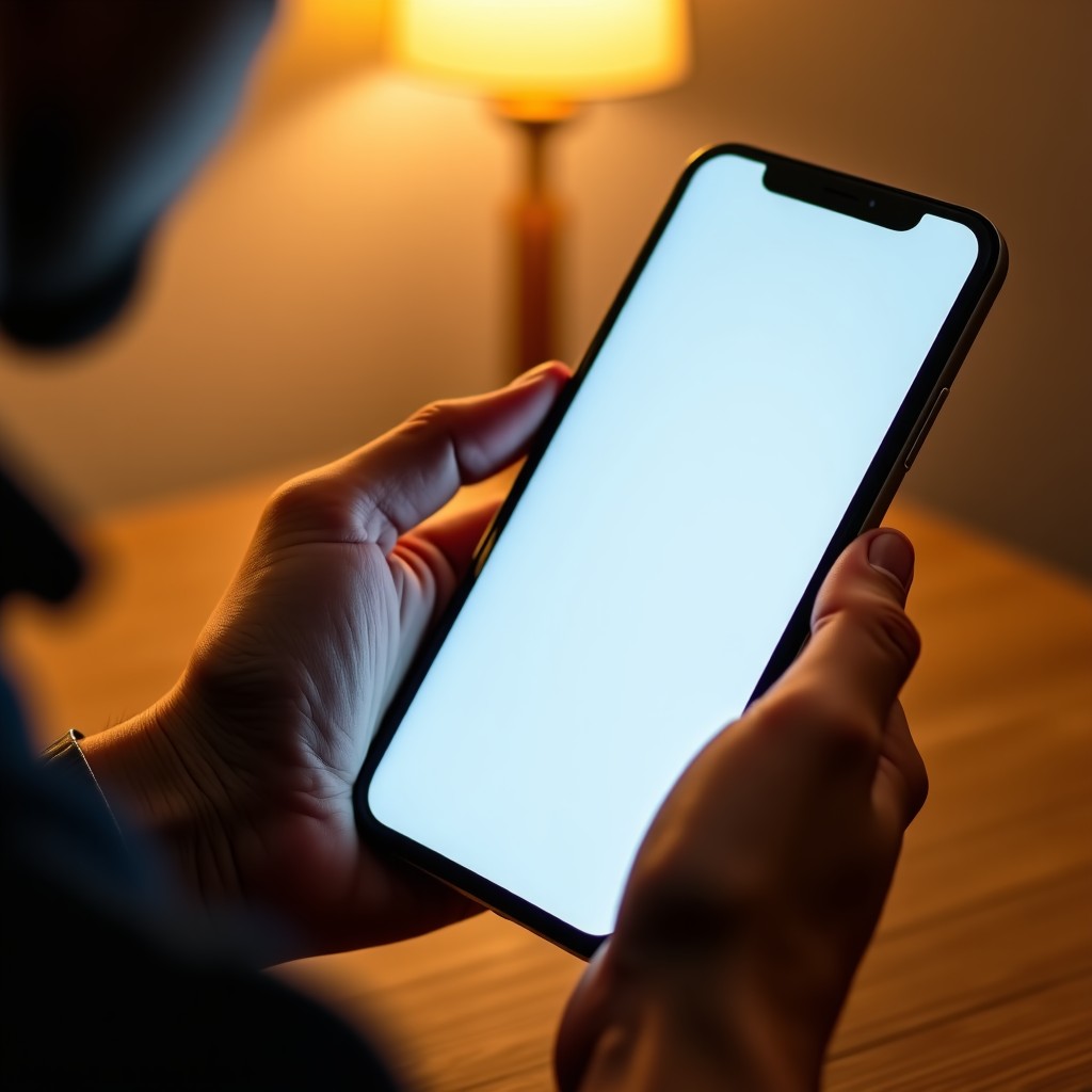 Close up of hands holding a modern smartphone in a lifestyle setting. The screen displays a clean user interface with clear typography. Warm interior lighting, focus on the device. 4:3