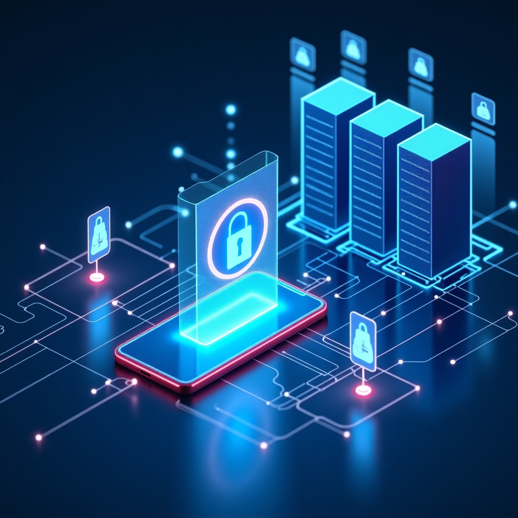 A modern visualization of digital metadata flowing from a smartphone into a complex network of servers, representing data monetization and privacy, bright and clean aesthetic, 4:3