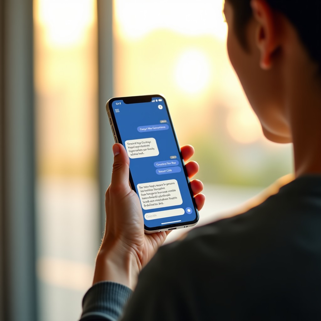 A Korean person holding a premium smartphone displaying a conversation with an AI chatbot about insurance quotes. Natural sunlight coming through a window, lifestyle photography style, warm lighting. 4:3