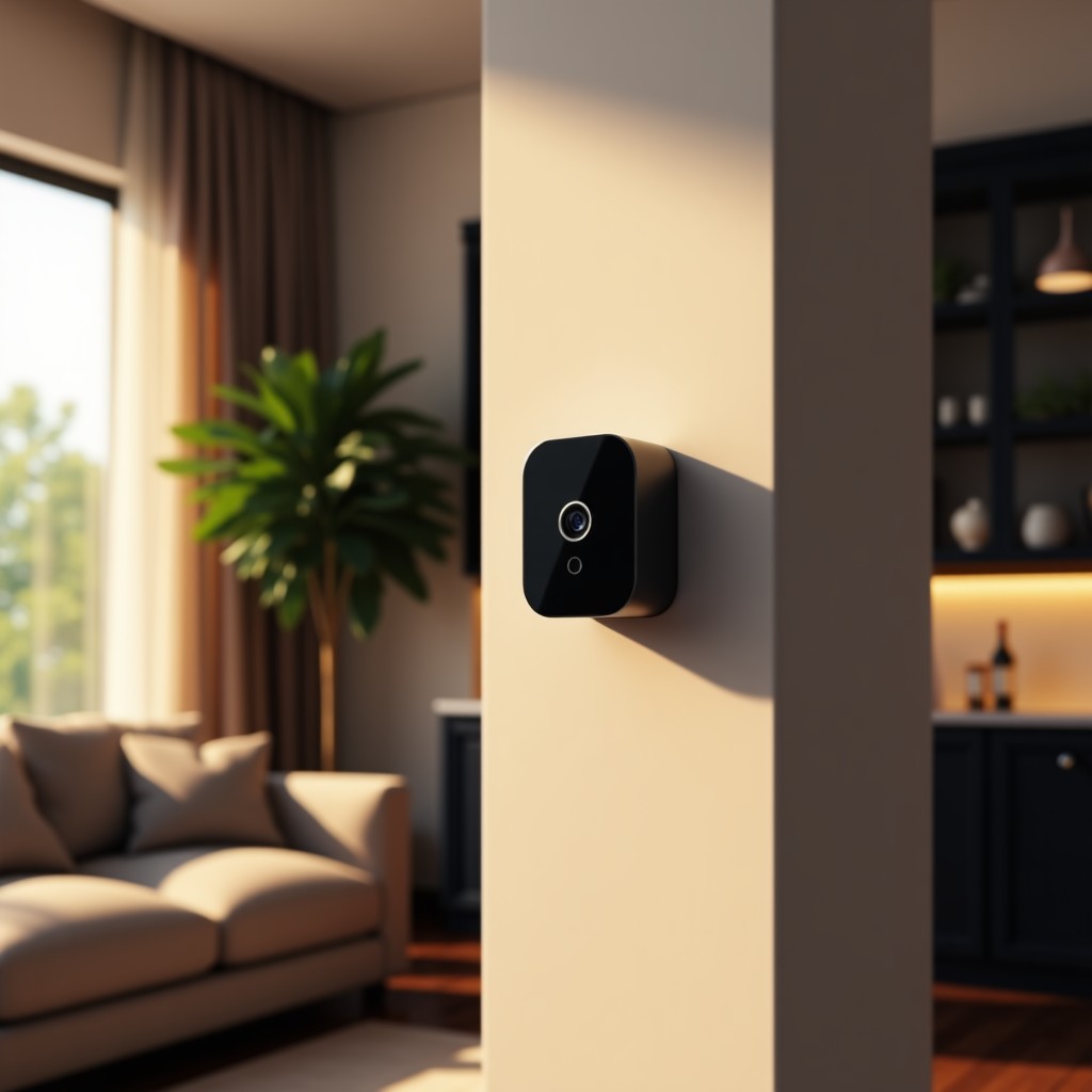 A modern living room with a sleek smart home security camera mounted on the wall, warm interior lighting, high-end furniture, cozy atmosphere, realistic photography, 4:3